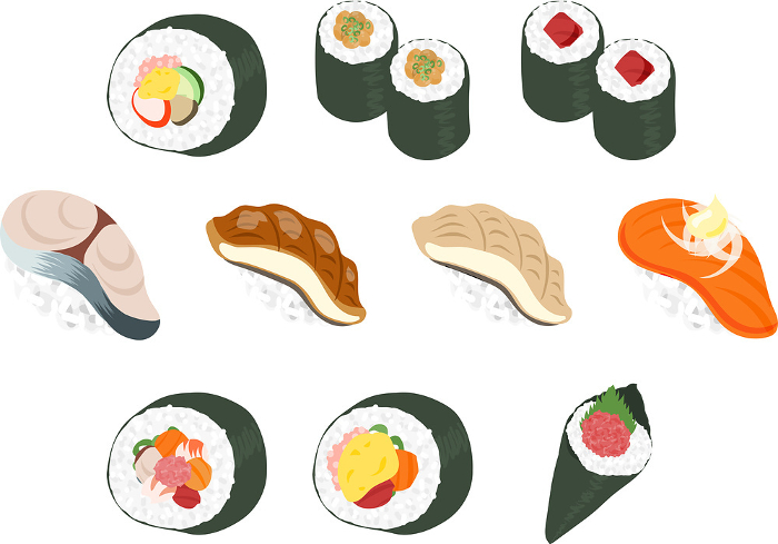 A cute icon of delicious sushi enjoying fresh seafood.