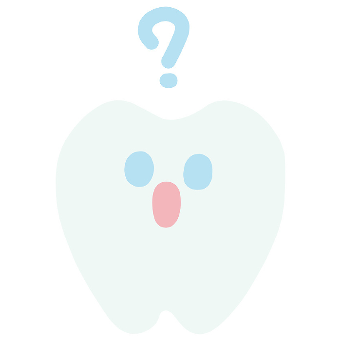 Illustration of a cute character with deformed teeth and a question mark with a surprised expression.