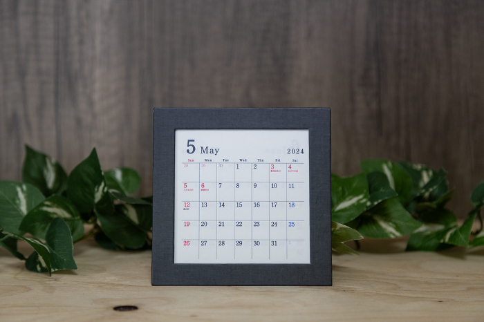 Desktop calendar for May 2024, small calendar with black borders.