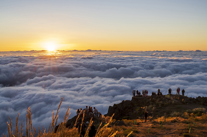 Tourists at sunrise above the clouds, Miradouro do Pico do Areeiro, Madeira, Portugal, Europe, by Axel Schmies