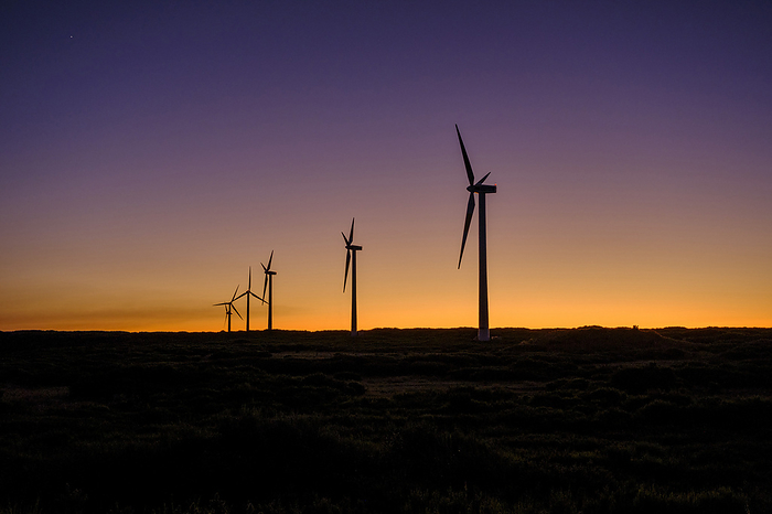 Wind turbines after sunset in the highlands, Santa do Paul da Serra, Madeira, Portugal, Europe, by Axel Schmies