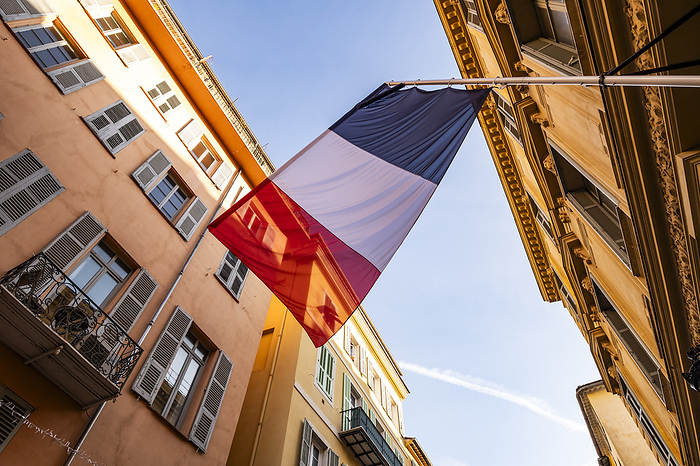 National flag of France in Nice, Nice in winter, South of France, Cote d'Azur, France, Europe, by Arnt Haug