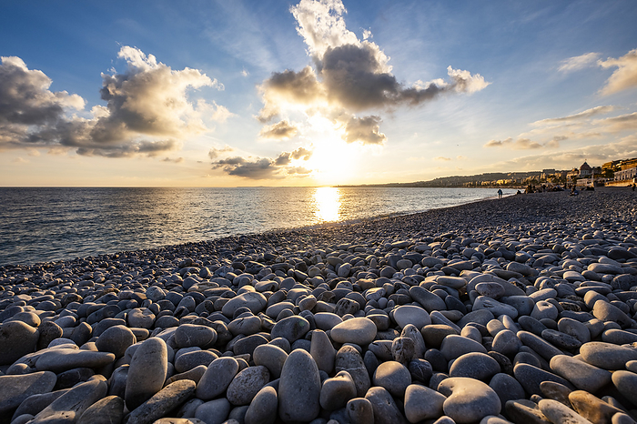 Sunset on the beach of Nice, Nice in winter, South of France, Cote d'Azur, France, Europe, by Arnt Haug