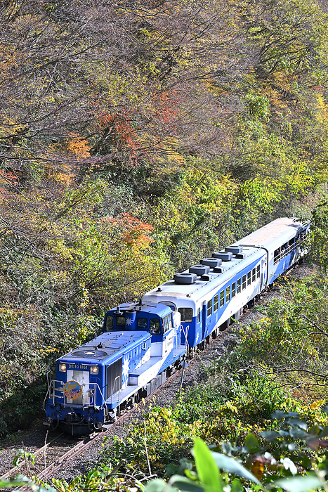 Sightseeing Trolley Okuizumo Orochi go Going Down the Loop on the Kisuki Line, Shimane Prefecture Taken at Mitsui Nohara Station   Izumo Sakane Station. Okuidumo Orochi go will end operation on its last run on November 23, 2023.