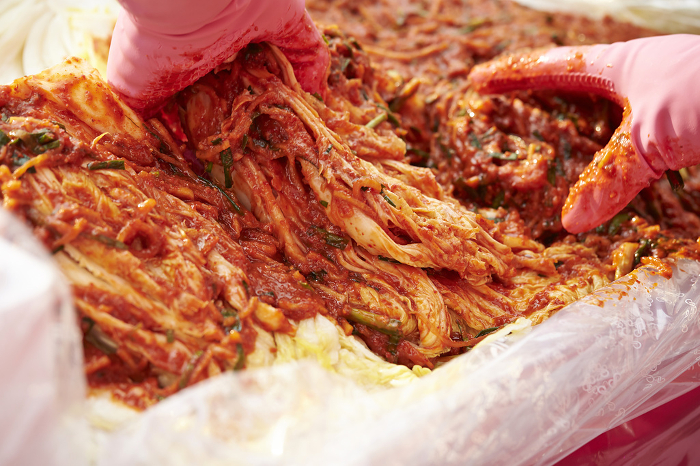 Woman's hand pickling kimchi