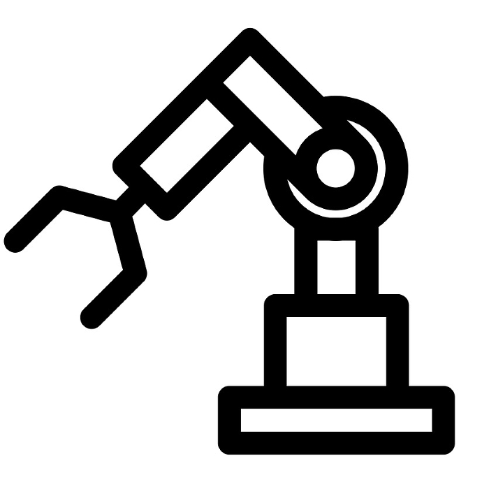 Line style icons representing AI, robots, bots, robotic arms, robotics