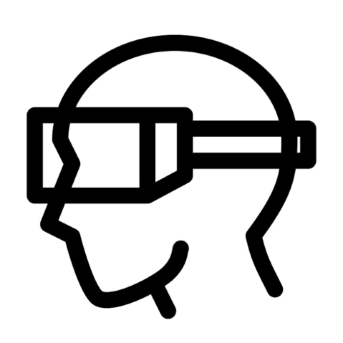 Line style icons representing VR, masks, goggles, and simulated experiences