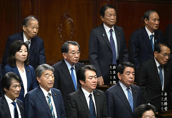 Former LDP Ministers of Education, Culture, Sports, Science and Technology Hirofumi Shimomura and Tadashi Shiotani and former Secretary General Toshihiro Nikai at a plenary session of the House of Representatives. Former LDP Minister of Education, Culture, Sports, Science and Technology Hirofumi Shimomura  front right , former Minister of Education, Culture, Sports, Science and Technology Tadashi Shioya  middle center , and former Secretary General Toshihiro Nikai  back left  attend a plenary session of the House of Representatives at 1:02 p.m., April 4, 2024 in the Diet.
