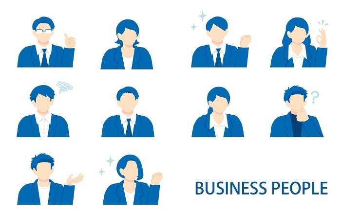 Bust-up illustration set of various expressions of working people in navy blue suits