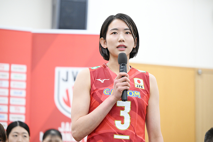 Japan women s volleyball team press conference Sarina Koga  JPN  APRIL 5, 2024   Volleyball : Japan Women s Volleyball national team attends a press conference in Tokyo, Japan. Japan Women s Volleyball national team attends a press conference in Tokyo, Japan.  Photo by MATSUO. K AFLO SPORT  