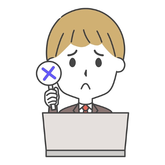A man in a suit in front of a computer holding out a Batsu bill