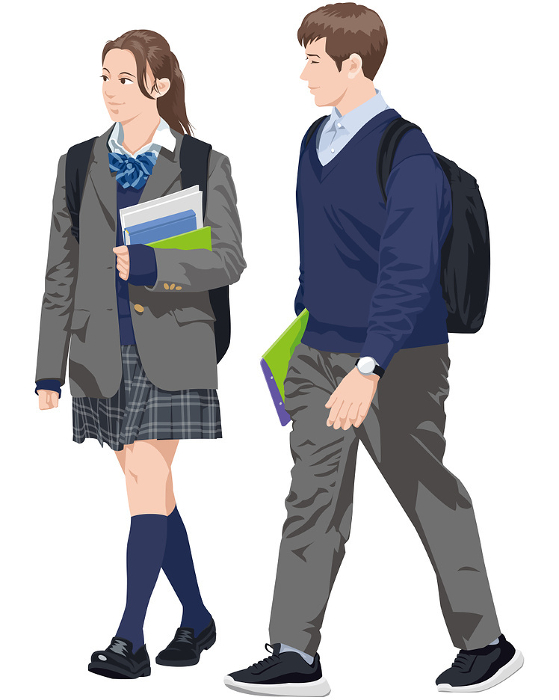 Male and female high school students walking side by side in uniforms