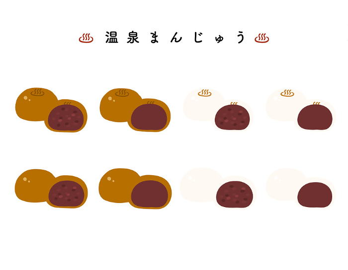 Set of hand-drawn color illustrations of onsen manjuu
