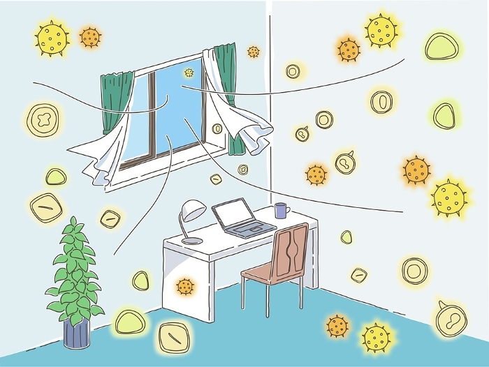 Color illustration of an image of pollen coming into a room through an open window