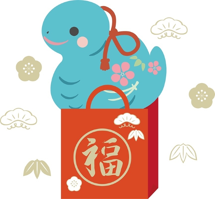 Year of the Snake good luck bag Pine, bamboo, plum New Year's Eve 2025 New Year's Eve earthen bell Snake Cute simple ads Illustration
