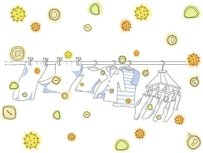 Illustration of laundry dried outdoors in a pollen-filled air
