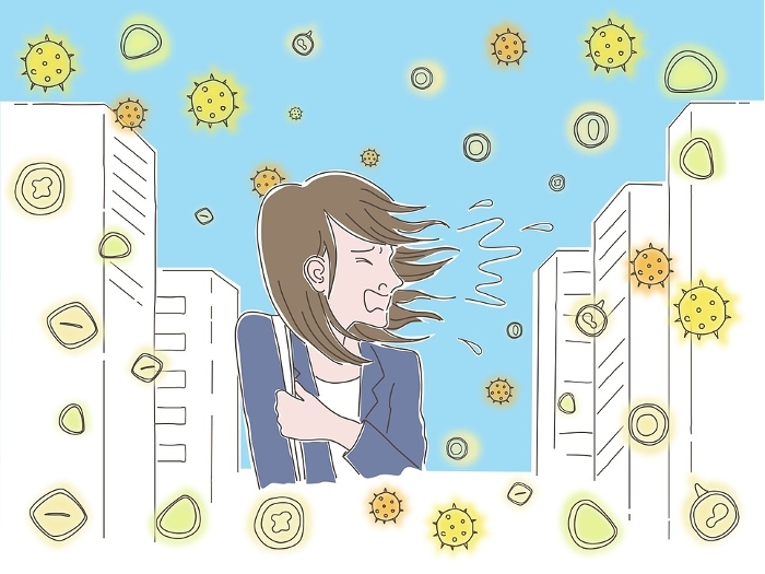 Clip art of woman sneezing in the city where pollen is flying.