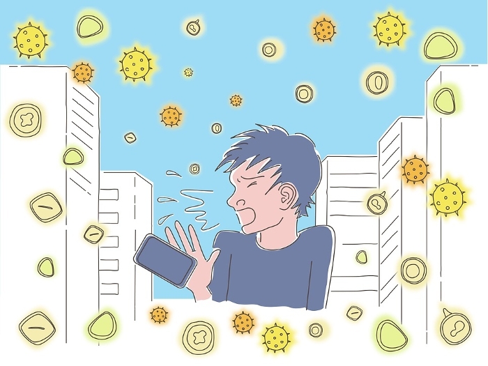 Clip art of man sneezing in pollen-filled city