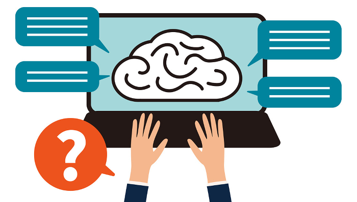 Illustration of a brain and two hands on a laptop screen