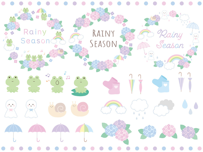 Clip art set of frame and cute hydrangea, frog, etc. in rainy season