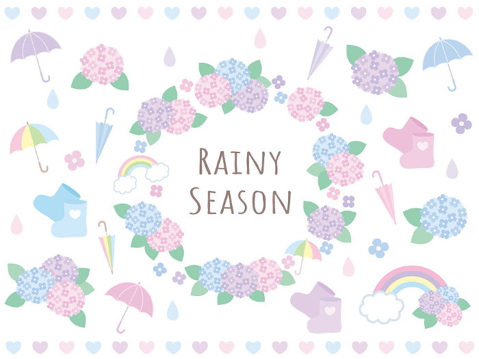 Clip art set of hydrangea and other cute clip art in rainy season.