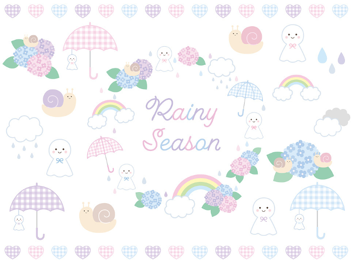 clip art set of a snowman and a bell cricket with gingham check in rainy season.