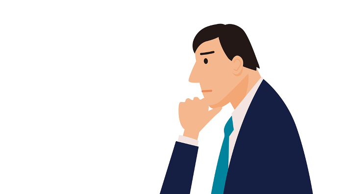 Illustration of a businessman in profile with his hand on his chin in distress.