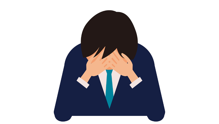 Frontal illustration of a depressed businessman with his hands over his face.