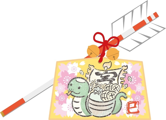 Nengajo (New Year's greeting card): 2025 Treasure ship, horse, ema, snake, snake arrow, year of the snake, New Year's Day, cute hand-drawn illustration
