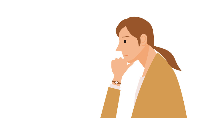 Illustration of a businesswoman in distress with her hand on her chin in profile.