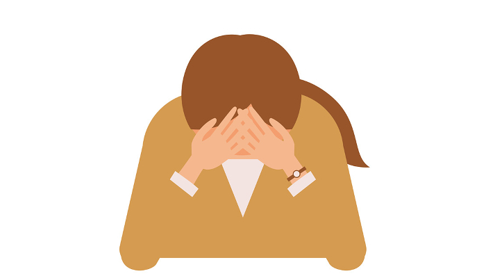 Frontal illustration of a depressed businesswoman with her hands over her face.