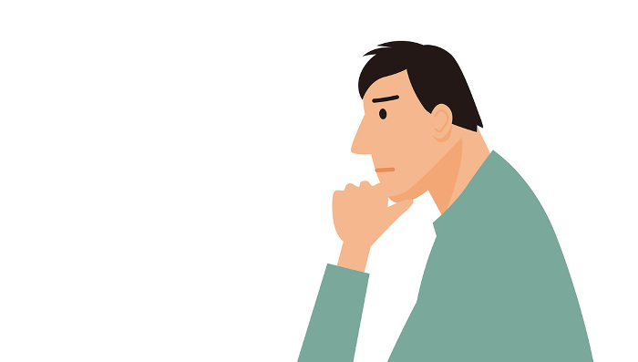 Illustration of a man in everyday clothes in profile with his hand on his chin in distress.