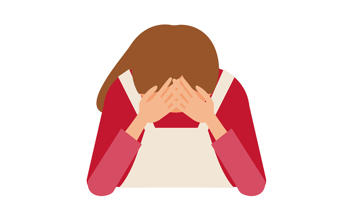 Frontal illustration of a woman in a depressed apron with her hands over her face.