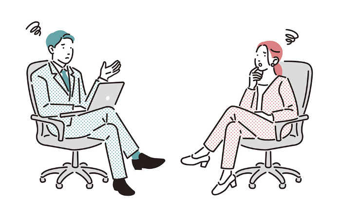 Negative images of men and women businesspeople conversing in chairs