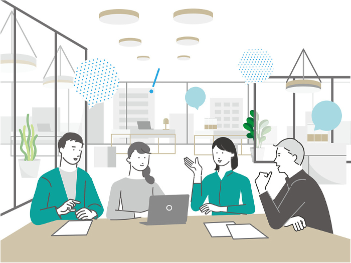 Startup illustration of a business person meeting in an office with a business team.