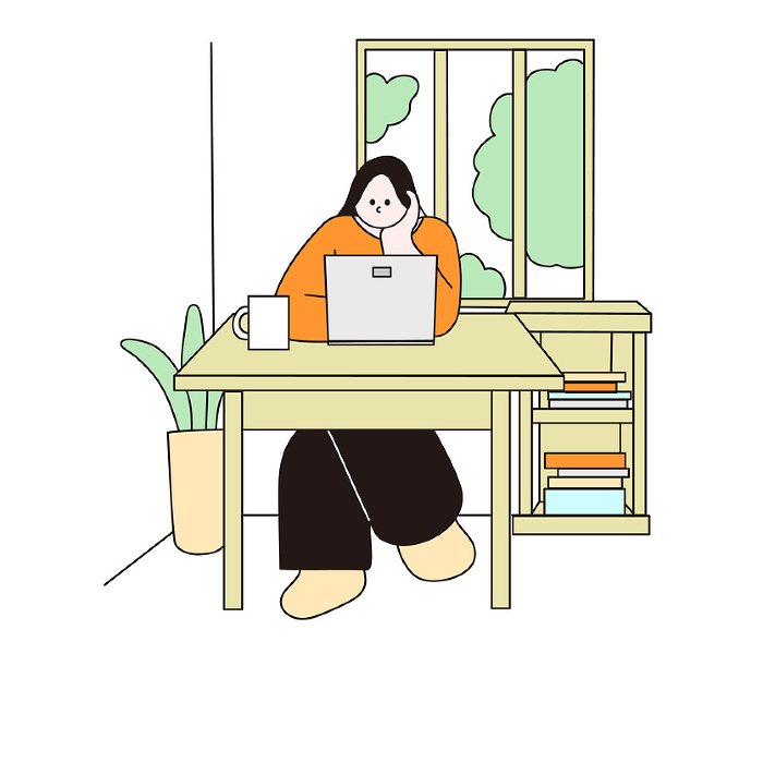 Laptop and woman, line drawings, vectors