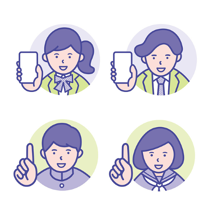 Round icons of male and female students in pointing poses, holding a cell phone [set].