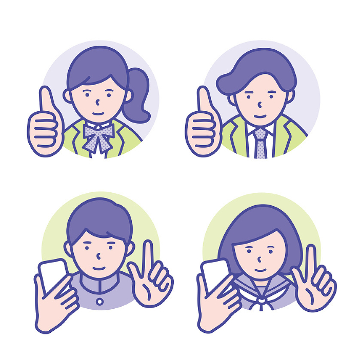 Nice pose, round icons of male and female students with smartphones [set].