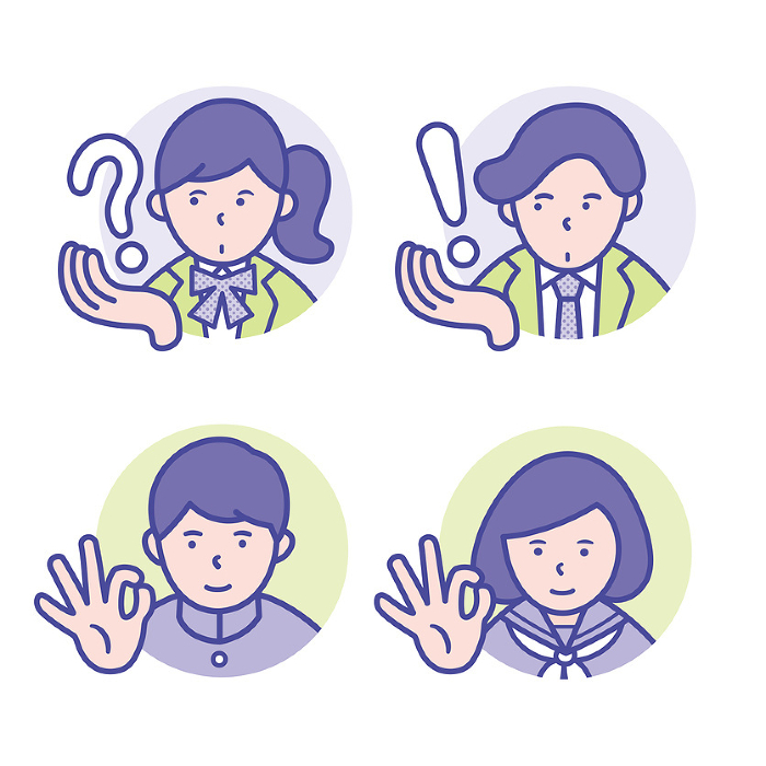 Round icons of male and female students in thinking, inspiration, and OK poses [set].