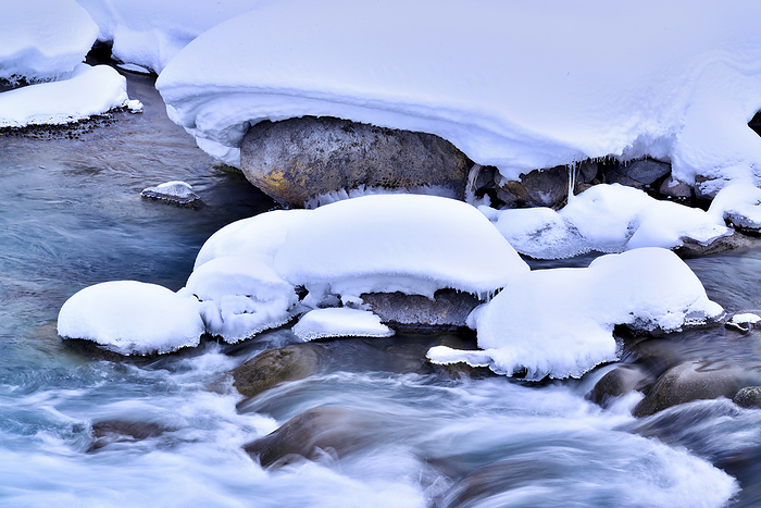 Biei River, snow on rocks, Hokkaido, Japan At Biei gawa River, Biei cho