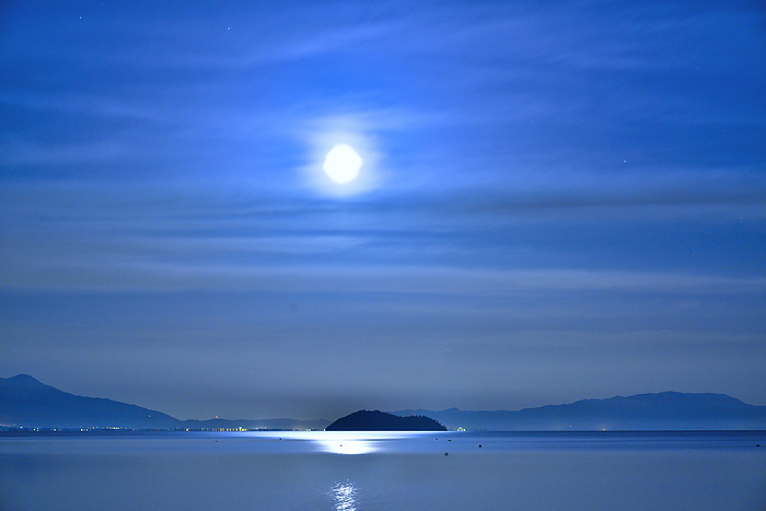 Lake Biwa by moonlight, Chikubujima, Shiga Prefecture At Chonai Beach, Takashima City