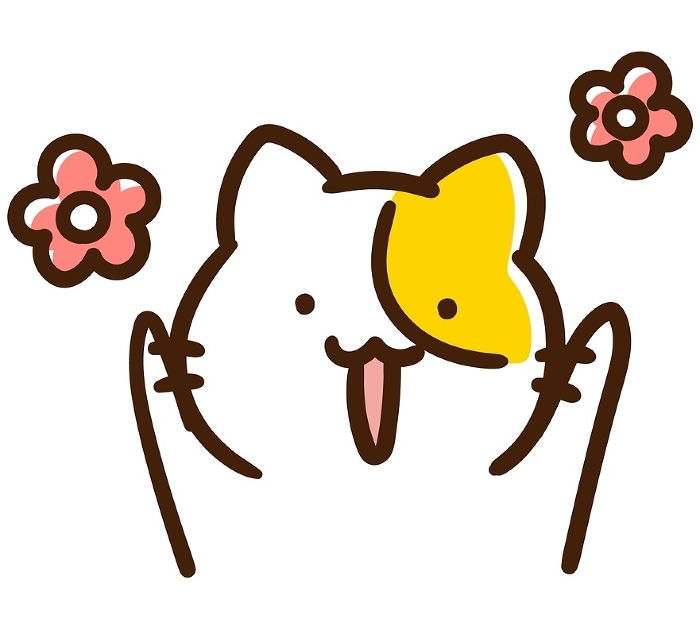 Deformed illustration of a cute cat character who raises his hands in joy.