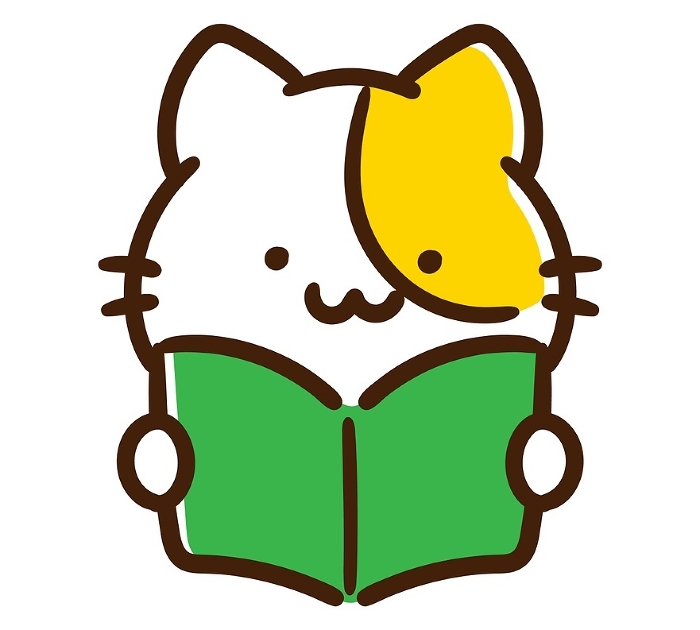 Top body illustration of a cute cat character reading.