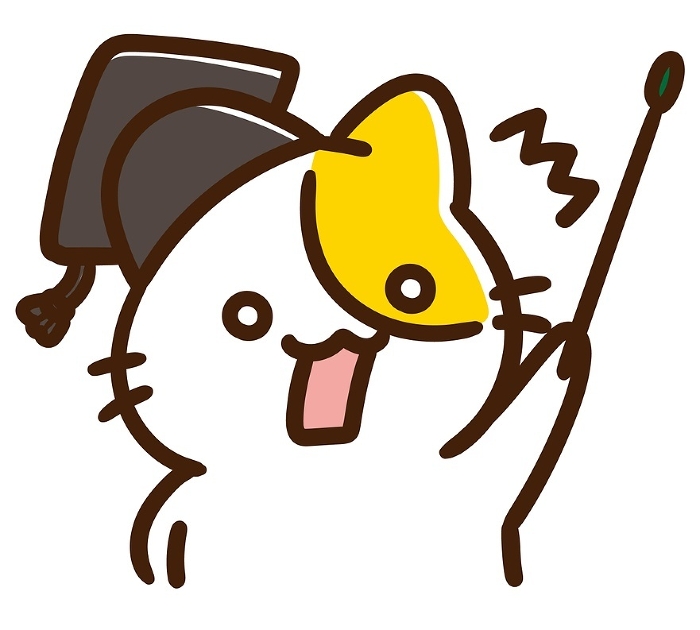 Deformed upper body illustration of a professor cat holding a pointing stick in surprise.