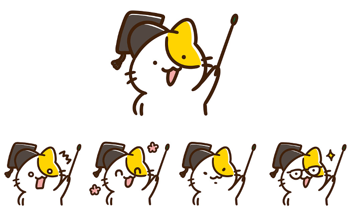 Set of deformed illustrations of the upper body of a cute professor cat holding a pointing stick