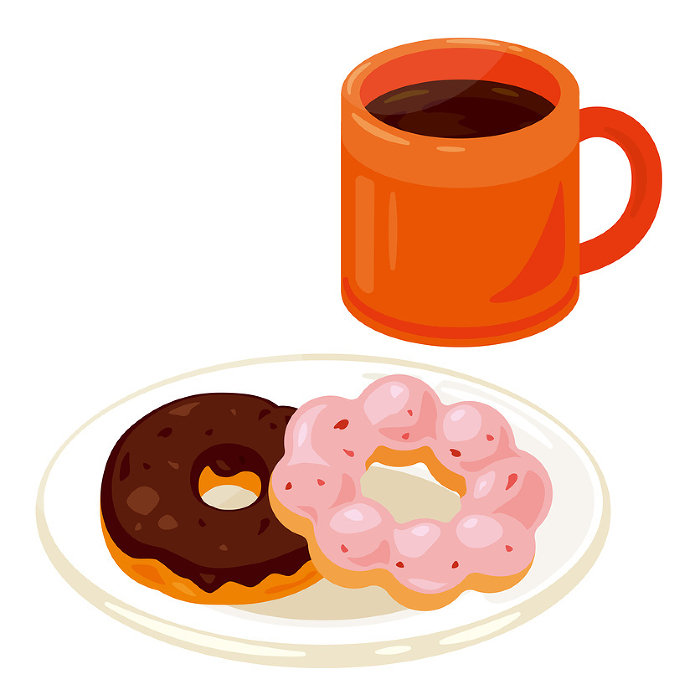 Donut served on a plate and coffee set in a mug