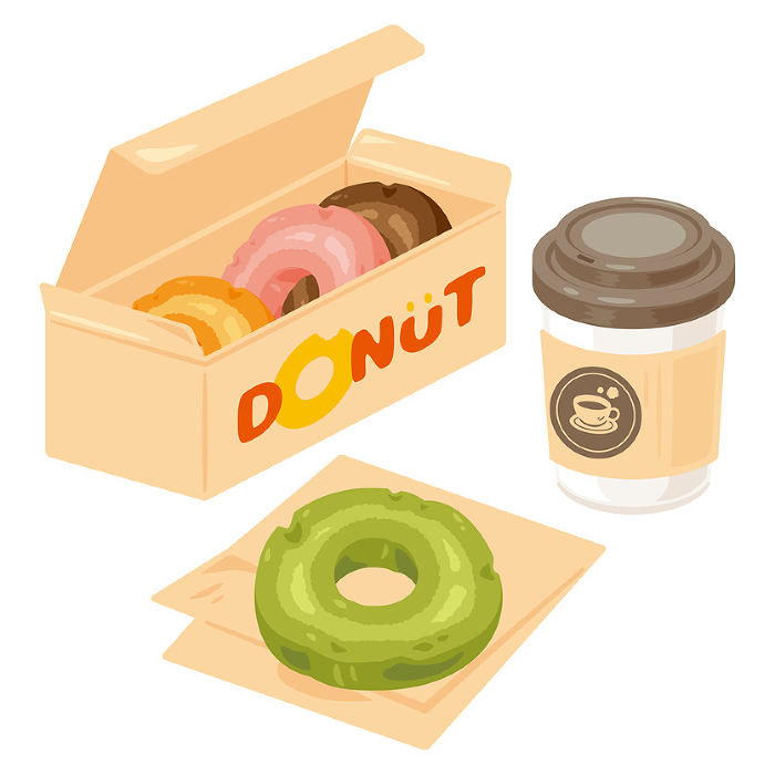 Donuts in a box and coffee in a paper cup with a lid