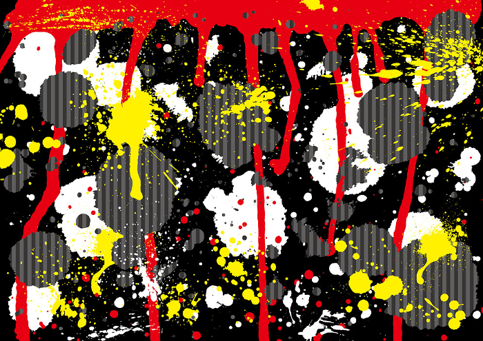 Black background with red ink drips and ink splatters