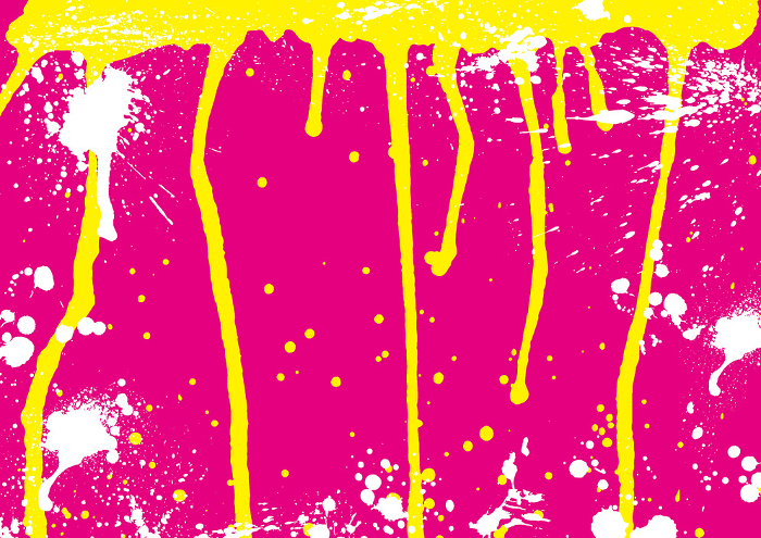 Pink background with yellow ink drips and white ink sprinkles