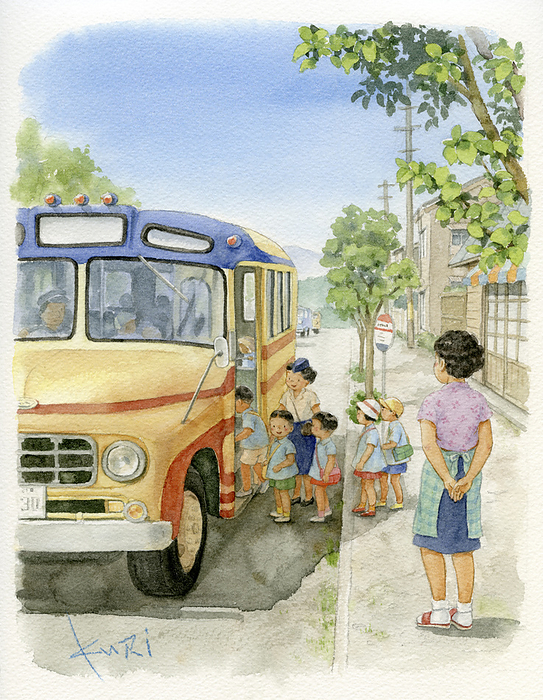 Children boarding a city bus